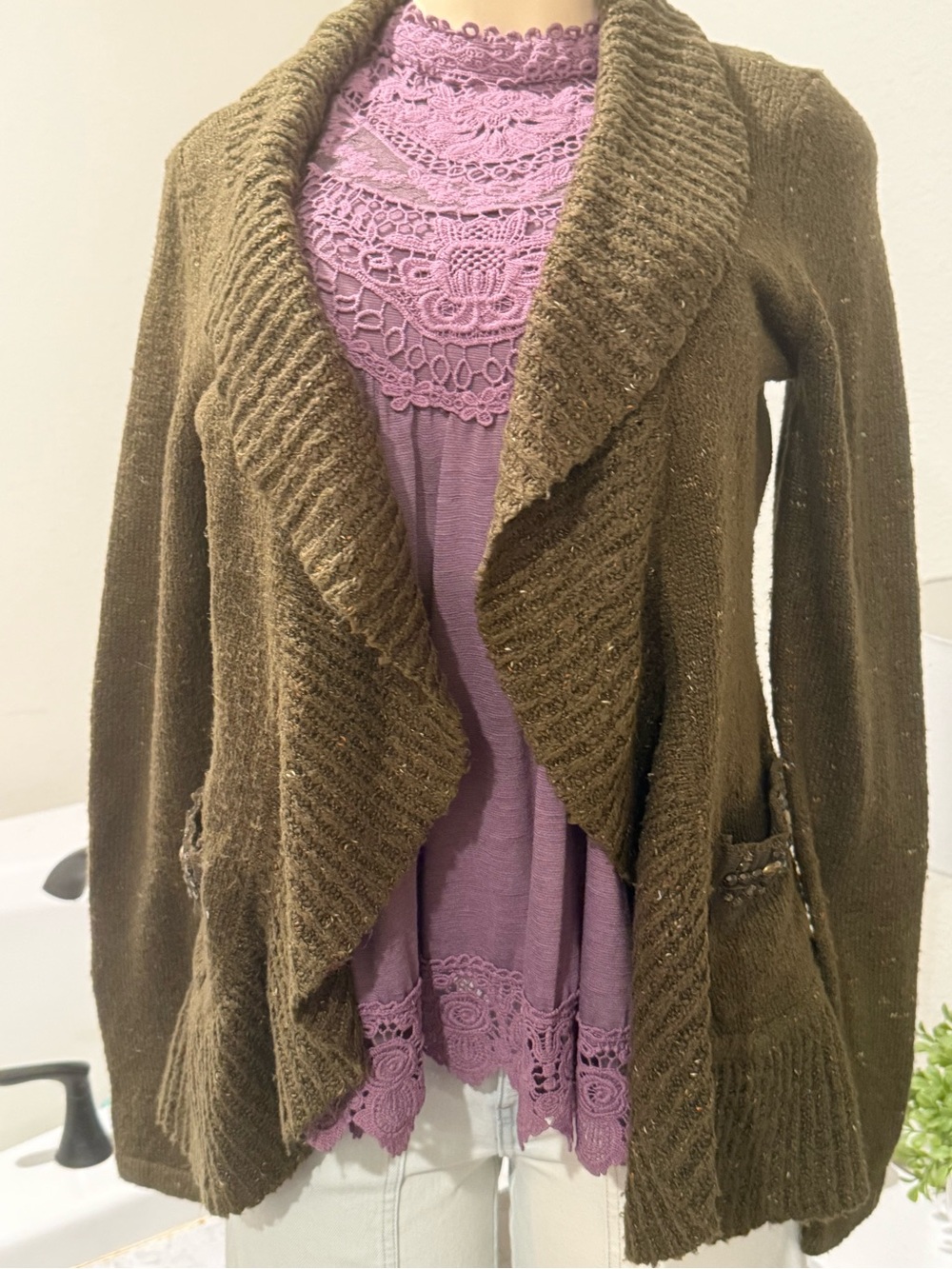Olive Green Draped Cardigan Sweater with Jeweled Pockets — Size L
